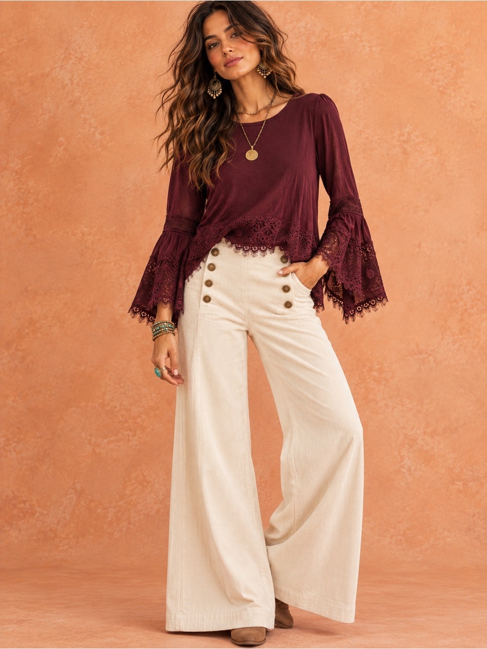 Altar'd State Burgundy Lace Bell Sleeve Blouse